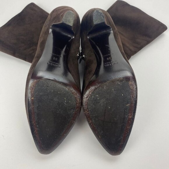 PRADA Chocolate Brown Suede Platform Heeled Mid Calf Boots Size 8 - Picture 9 of 10